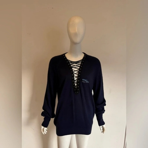 First Of A Kind Sweater One Size Real Reworked Vintage Dark Blue Long Sleeve - Picture 2 of 16